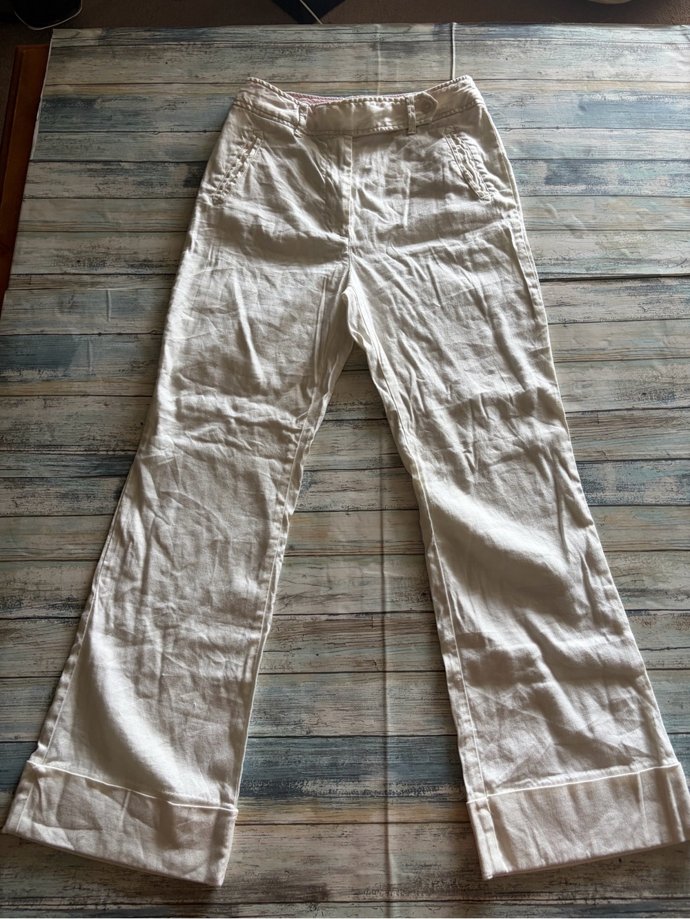 Anthropologie Ivory Wide-Leg Linen Cuffed Pants Size 4